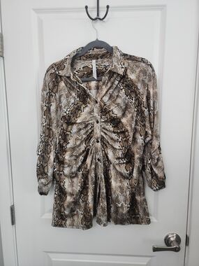 3/$25 Collection B Snake-Print Button Front Blouse - Brown & Cream